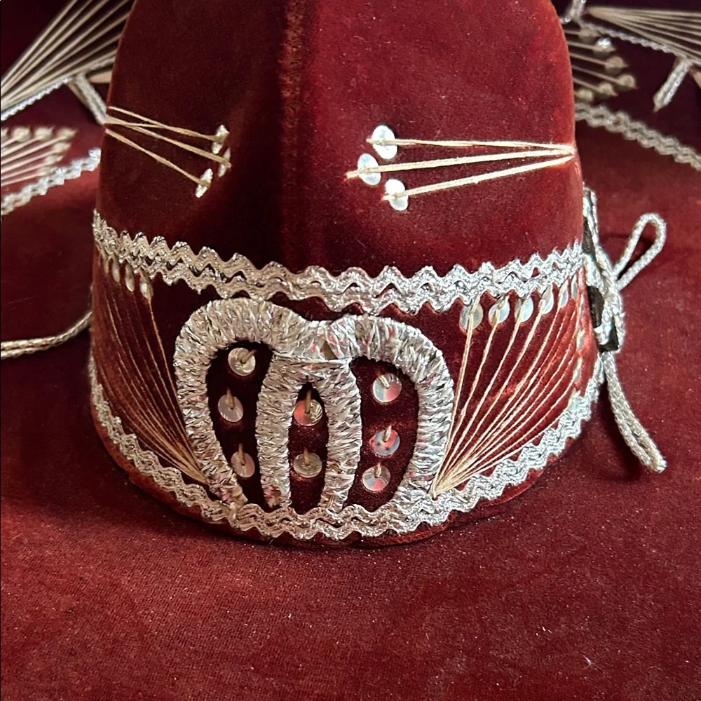 VTG Velvet Burgundy Mariachi Sombrero Hat Silver Sequins Lucky Horseshoe